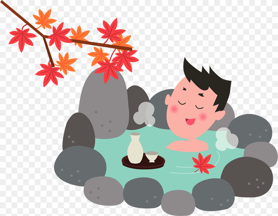 Man Is Relaxing In A Hot Spring While Drinking Sake Clipart, Leaf, Plant, Face, Head Free Png