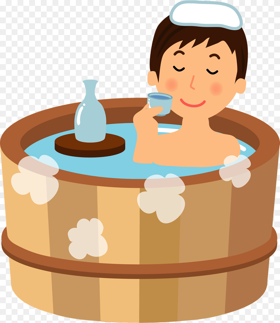 Man Is Relaxing In A Hot Spring While Drinking Sake Clipart, Hot Tub, Tub, Face, Head Png Image