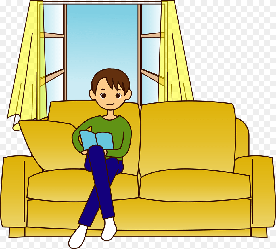 Man Is Sitting On The Sofa Reading A Book Clipart, Furniture, Couch, Boy, Person Free Png Download