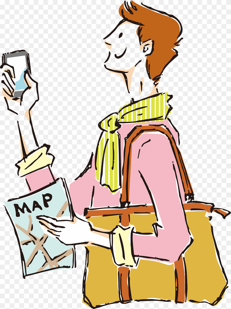 Man Is Traveling With A Map And Smartphone Clipart, Person, Publication, Book, Handbag Png Image