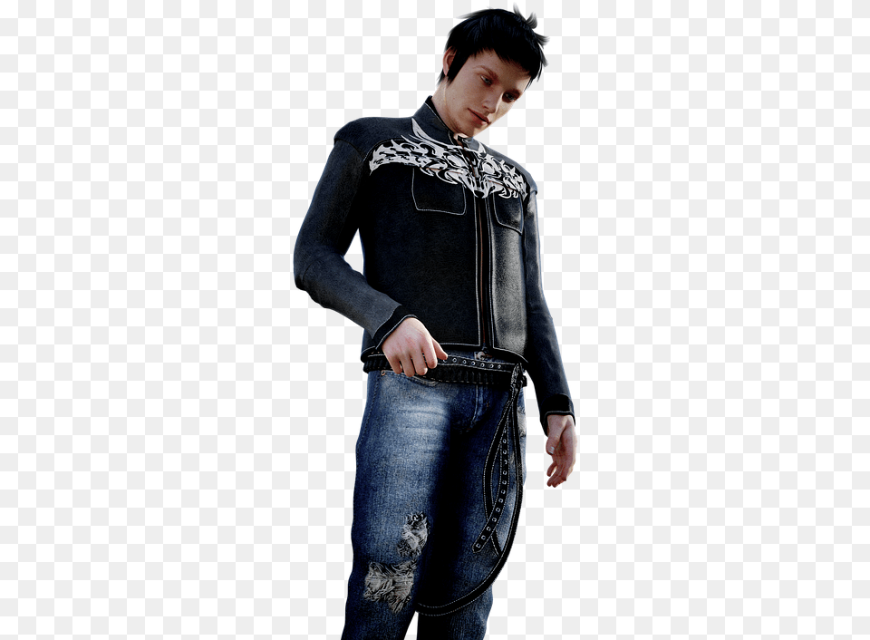 Man Jeans Leather Jackets Casual Tattooed Biker Homme En Jean, Accessories, Purse, Person, Pants Free Transparent Png