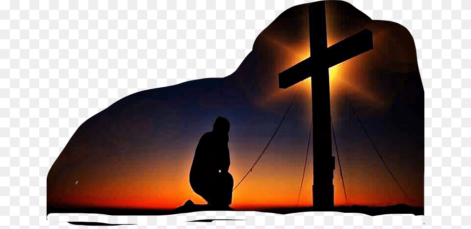 Man Kneeling Silhouette Cross Sunset Praying Sexta Feira Santa Sofreu, Person, Symbol, Adult, Male Free Png