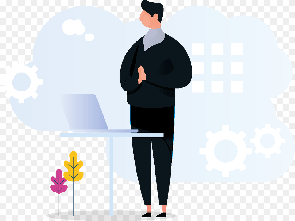 Man On Laptop With Cloud Behind Him Illustration, Standing, Person, Adult, Male Free Transparent Png