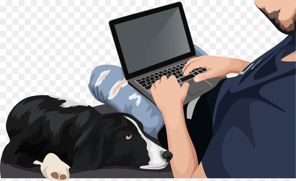 Man On Laptop With Collie Netbook, Pc, Computer, Electronics, Monitor Png Image