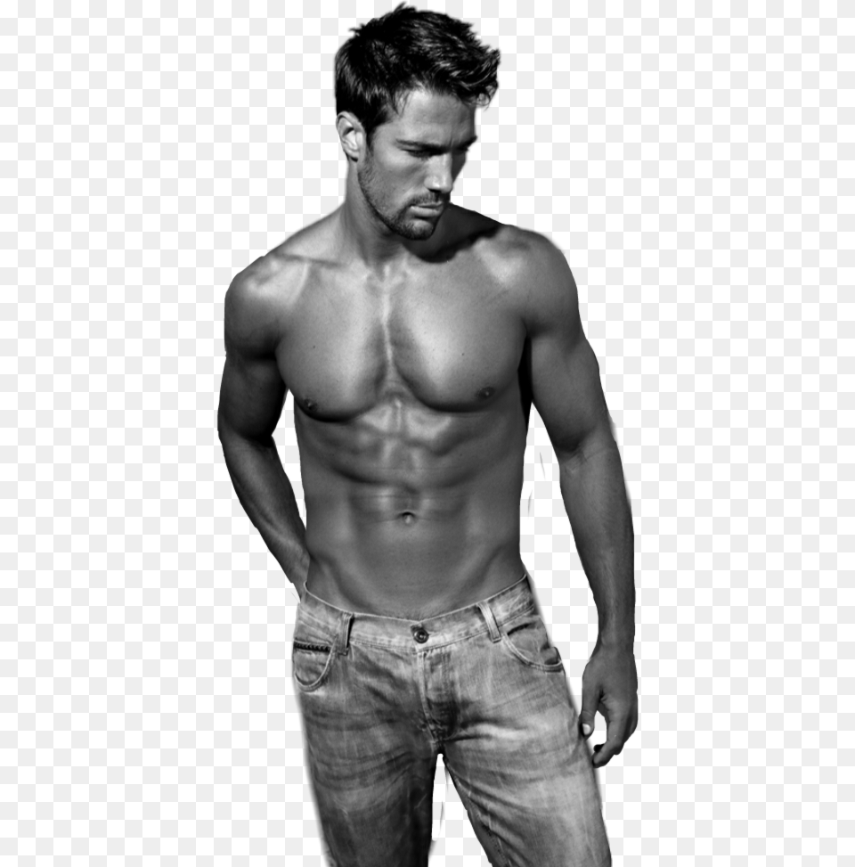 Man Shirtless Jeans Bw Barechested, Adult, Person, Pants, Male Png