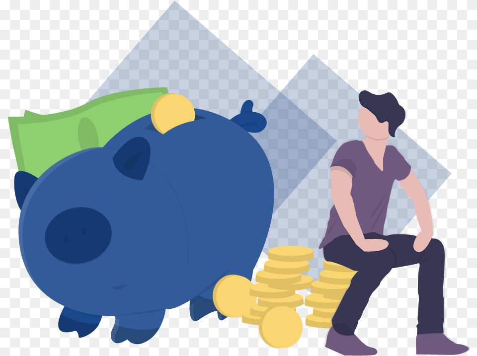 Man Sitting Down And Staring At A Piggy Bank With Money Making Money Is Learning Vector, Adult, Male, Person, Face Free Png