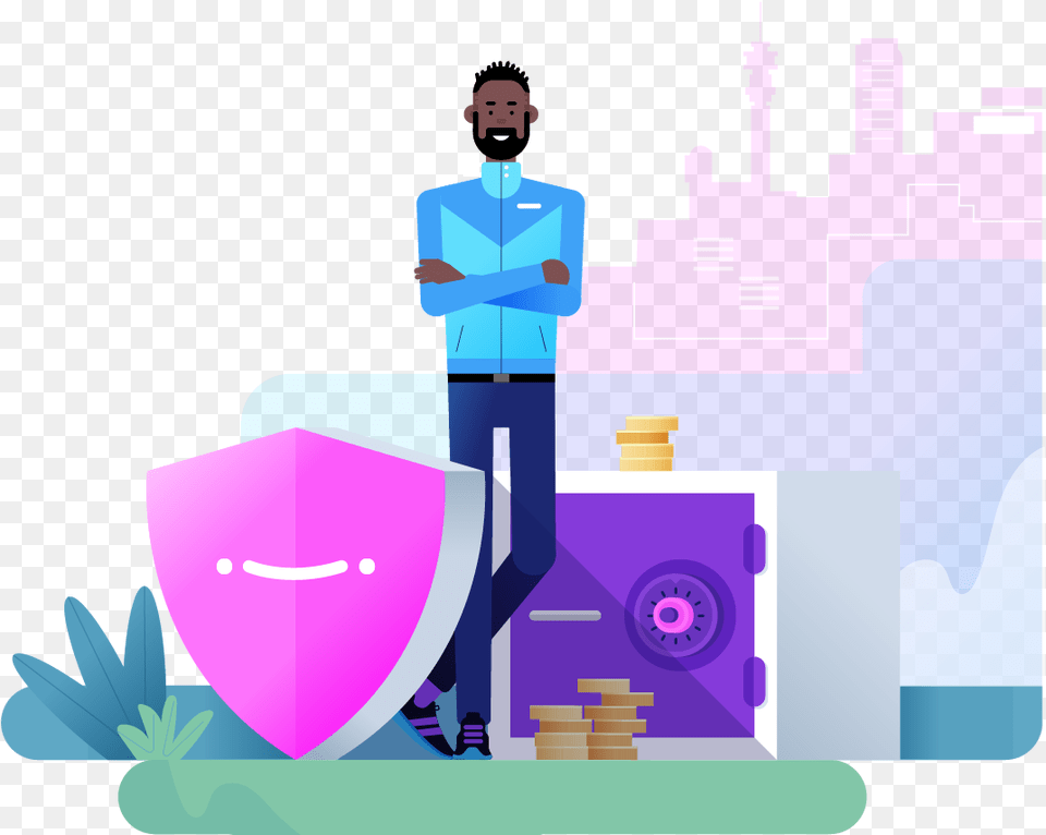 Man Standing With A Shield And A Safe With Money Illustration, Adult, Art, Graphics, Male Free Png Download