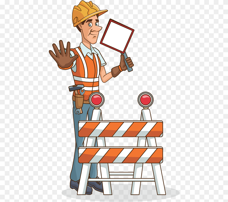 Man Standing With Safety Sign Cartoon, Fence, Person, Worker, Adult Free Transparent Png
