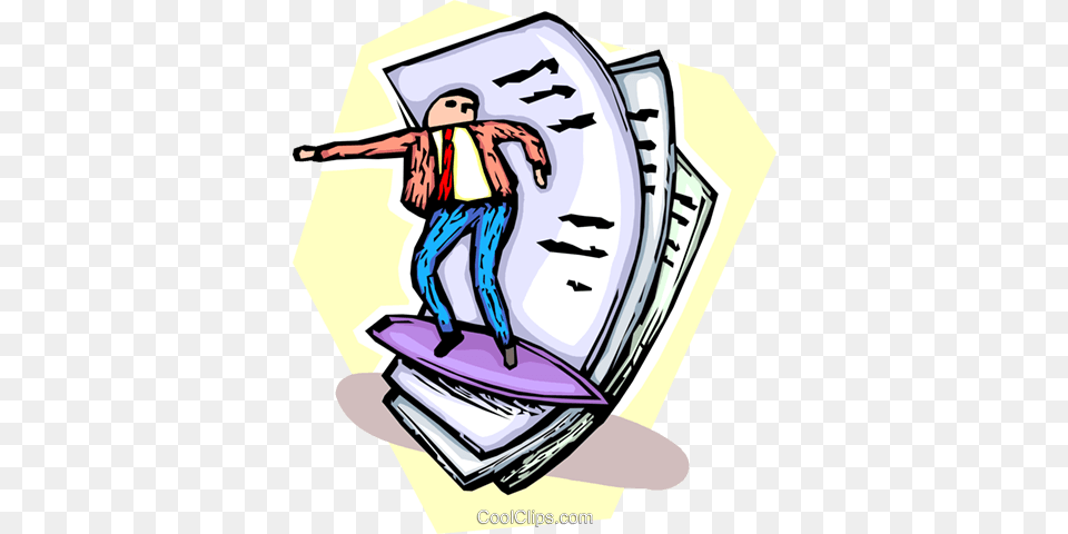 Man Surfing On Waves Of Paperwork Royalty Vector Clip Art, Adult, Female, Person, Woman Free Png
