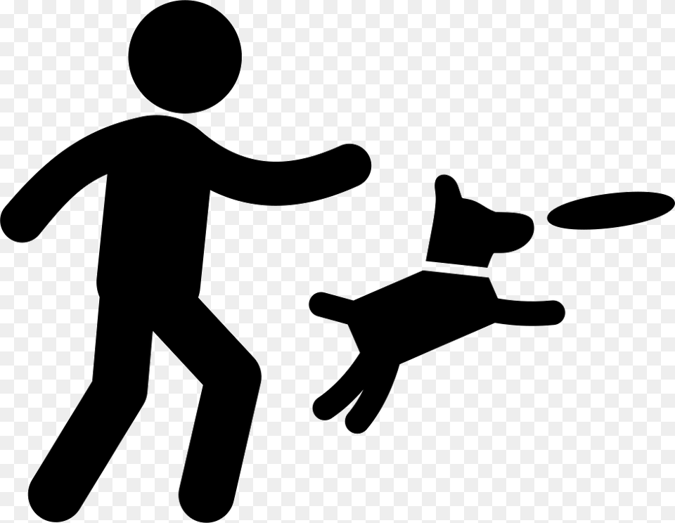 Man Throwing A Disc And Dog Jumping To Catch It Comments Dog Play Icon, Silhouette, Stencil, Toy, Animal Free Png