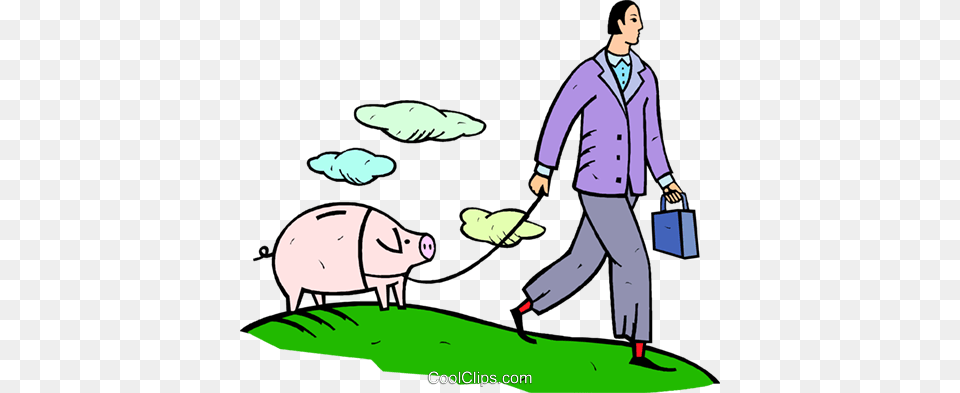 Man Walking A Piggy Bank Royalty Vector Clip Art Illustration, Adult, Male, Person, Animal Free Png Download