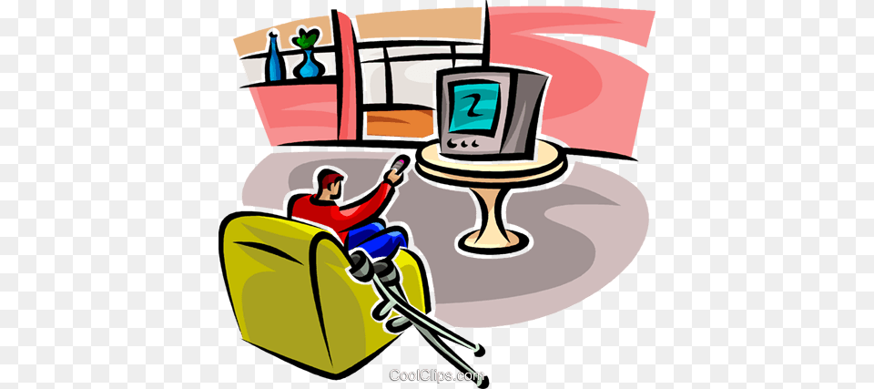 Man Watching Tv With Crutches Royalty Vector Clip Art, Furniture, Chair, Person, Computer Hardware Free Png