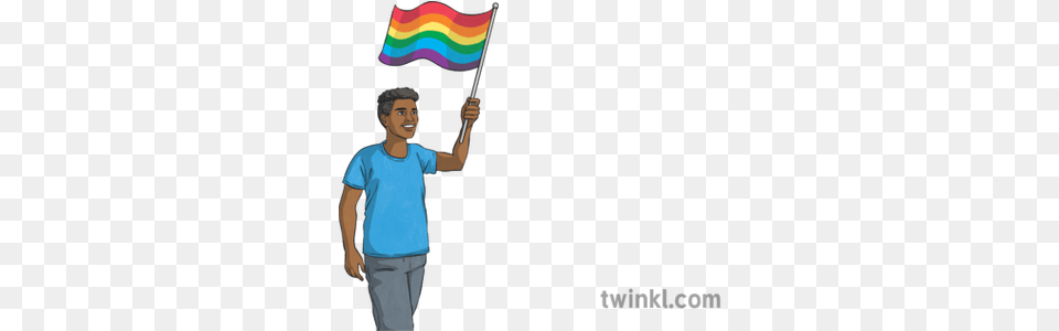 Man Waving Pride Rainbow Flag People Crowd Carnival Parade Standing, Person, Clothing, T-shirt Free Png