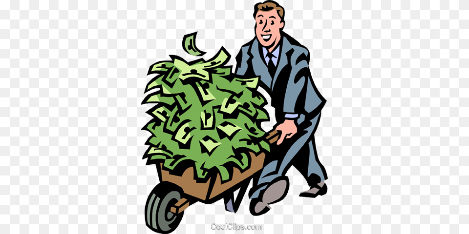 Man With A Wheelbarrow Full Of Money Royalty Vector Clip Art, Outdoors, Garden, Nature, Gardening Free Png Download