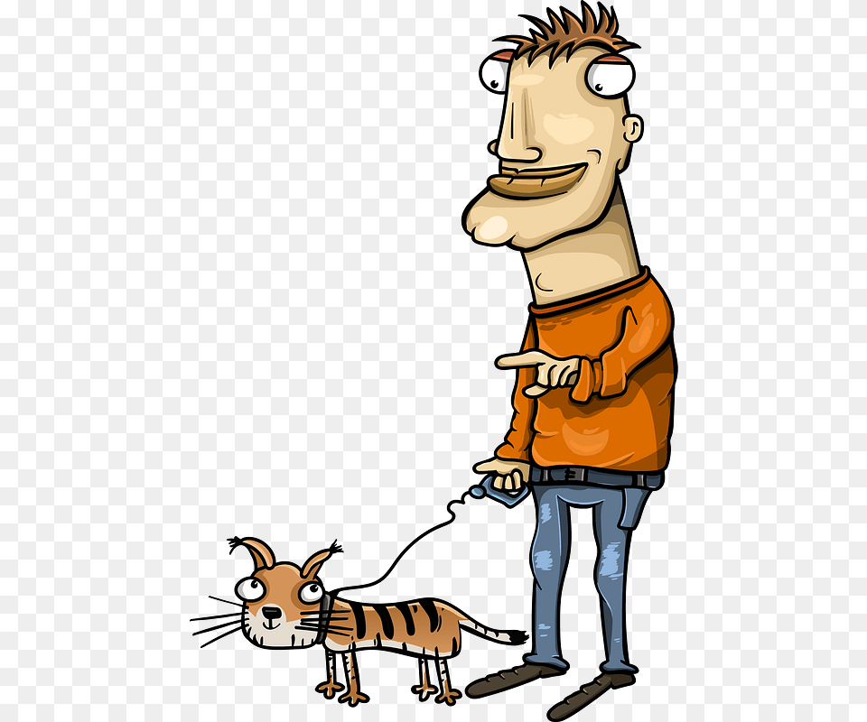 Man With Cat On A Walk Clipart Cartoon Man With Tiger, Person, Animal, Dinosaur, Face Free Png Download