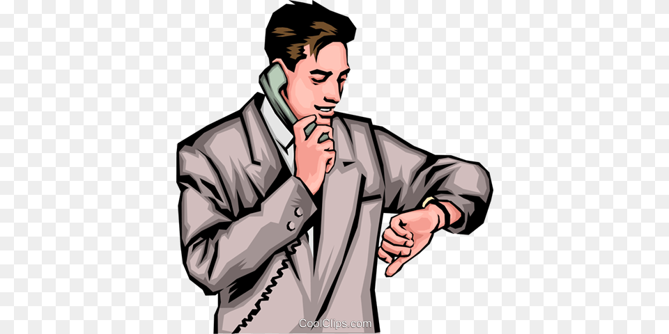 Man With Phone Amp Watch Royalty Vector Clip Art Man Talking On The Phone, Clothing, Coat, Adult, Person Png Image