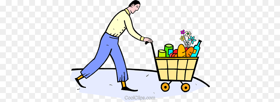 Man With Shopping Cart Of Groceries Royalty Vector Clip Art, Cleaning, Person, Clothing, Pants Free Png