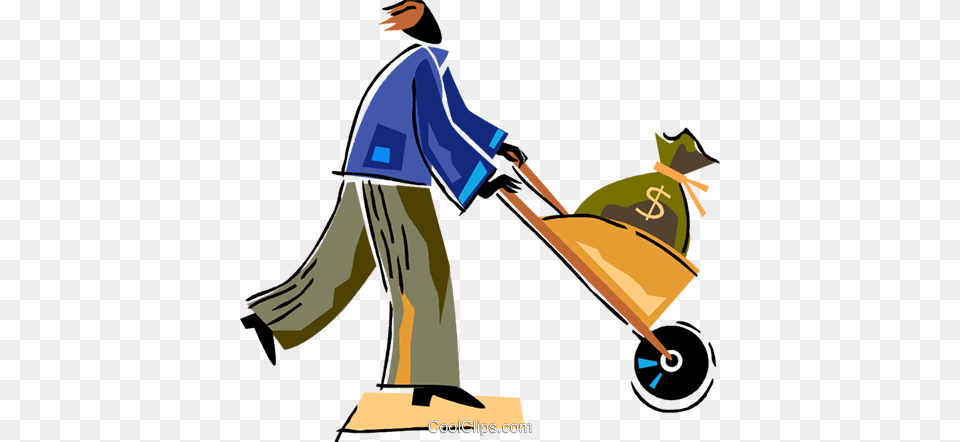 Man With Wheelbarrow Full Of Money Royalty Vector Clip Art, Cleaning, Person, Garden, Gardening Free Transparent Png