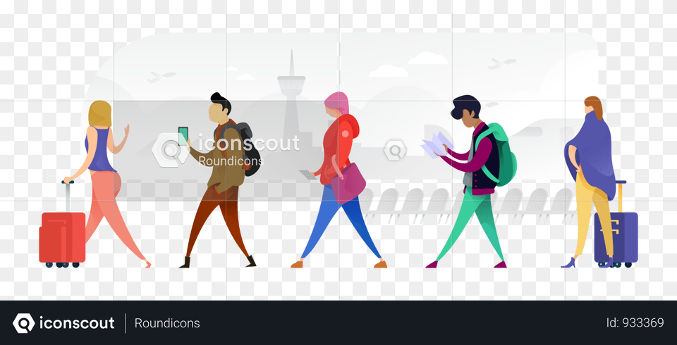Many Nationalities Walking Across With Their Bags Illustration Illustration, Terminal, Person, Adult, Man Png