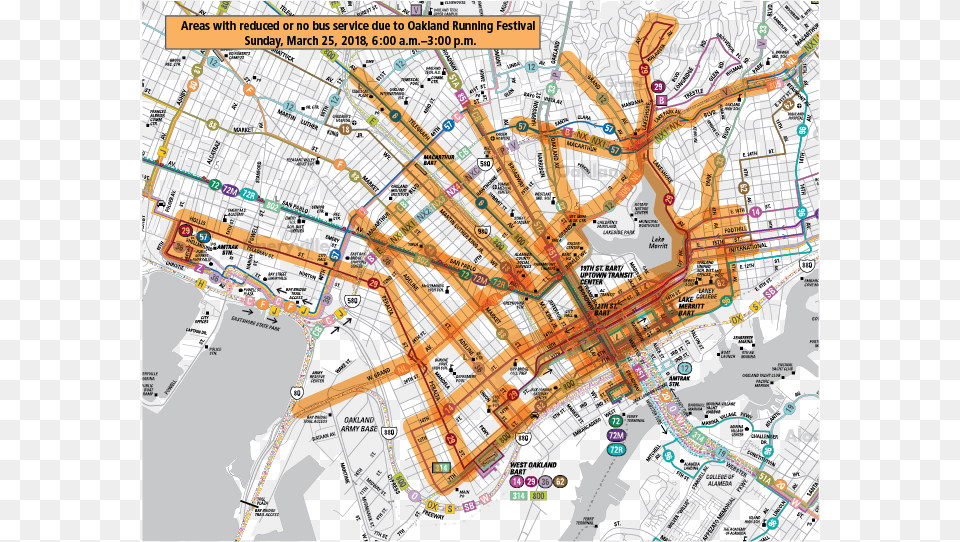 Map For The Oakland Running Festival Service Disruption Oakland Map 2018, Chart, Plot, Neighborhood, Diagram Png Image