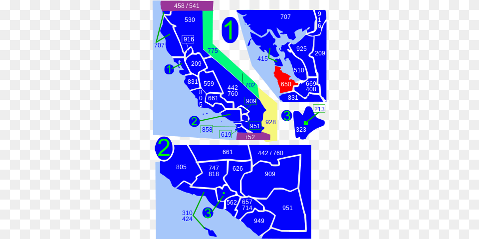 Map Of California Numbering Plan Areas And Border States California Area Codes, Chart, Plot Png Image