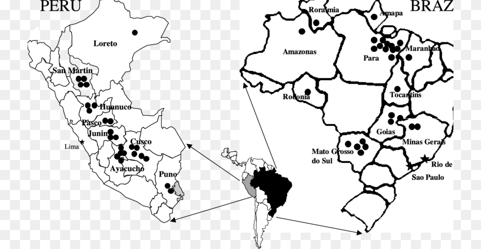 Map Of Peru And Brazil Indicating Geographic Origins Atlas, Chart, Diagram, Plot, Tree Png