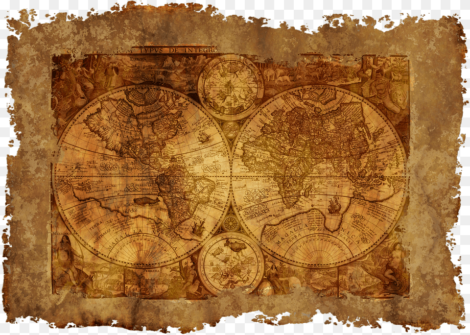 Map Of The World Old Historically Parchment Paper Here Be Dragons Old Maps, Person, Face, Head Free Transparent Png