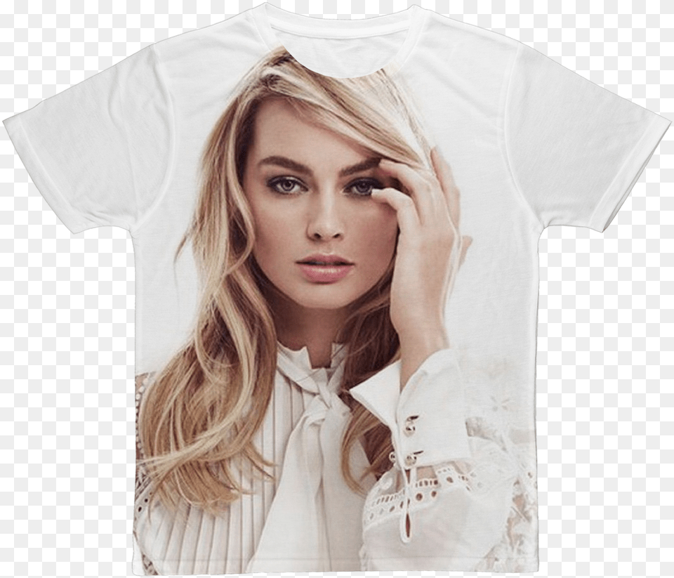 Margot Robbie Classic Sublimation Adult T Shirt Margot Robbie T Shirt, T-shirt, Clothing, Person, Woman Free Png