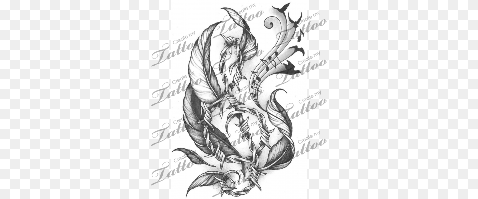 Marketplace Tattoo Barbwire Treble Clef With Feathers Gt Bicycles, Person, Skin, Art, Dragon Png