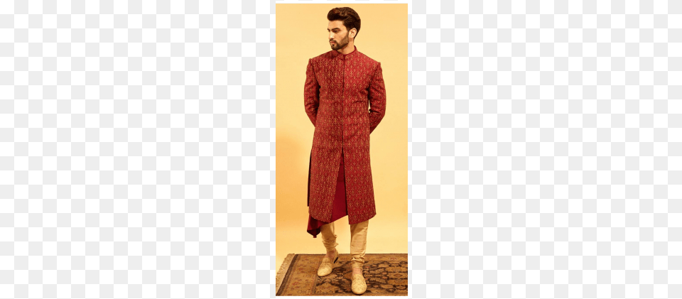 Maroon Amp Beige Function Wear Indo Western Indo Western Clothing, Coat, Overcoat, Person, Standing Free Transparent Png