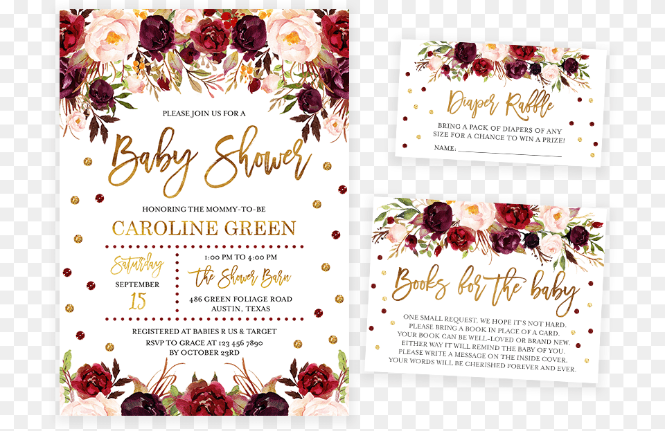Marsala And Gold Floral Baby Shower Invitation Pack Floral Maroon, Advertisement, Poster, Envelope, Greeting Card Free Transparent Png