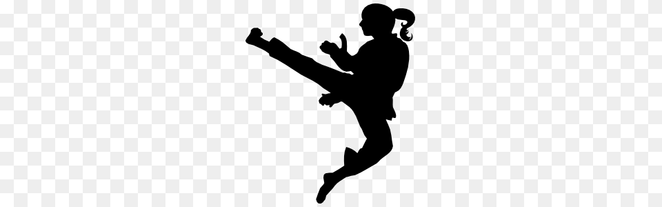 Martial Arts Karate Girl With Pony Tail Jump Kicking Sticker, Silhouette, Person, Martial Arts, Sport Free Transparent Png