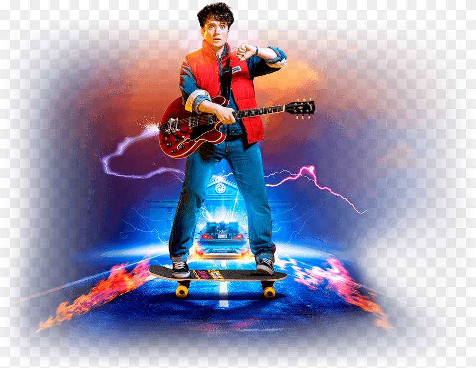 Marty Back To The Future Musical Manchester Cast, Musical Instrument, Guitar, Adult, Person Png