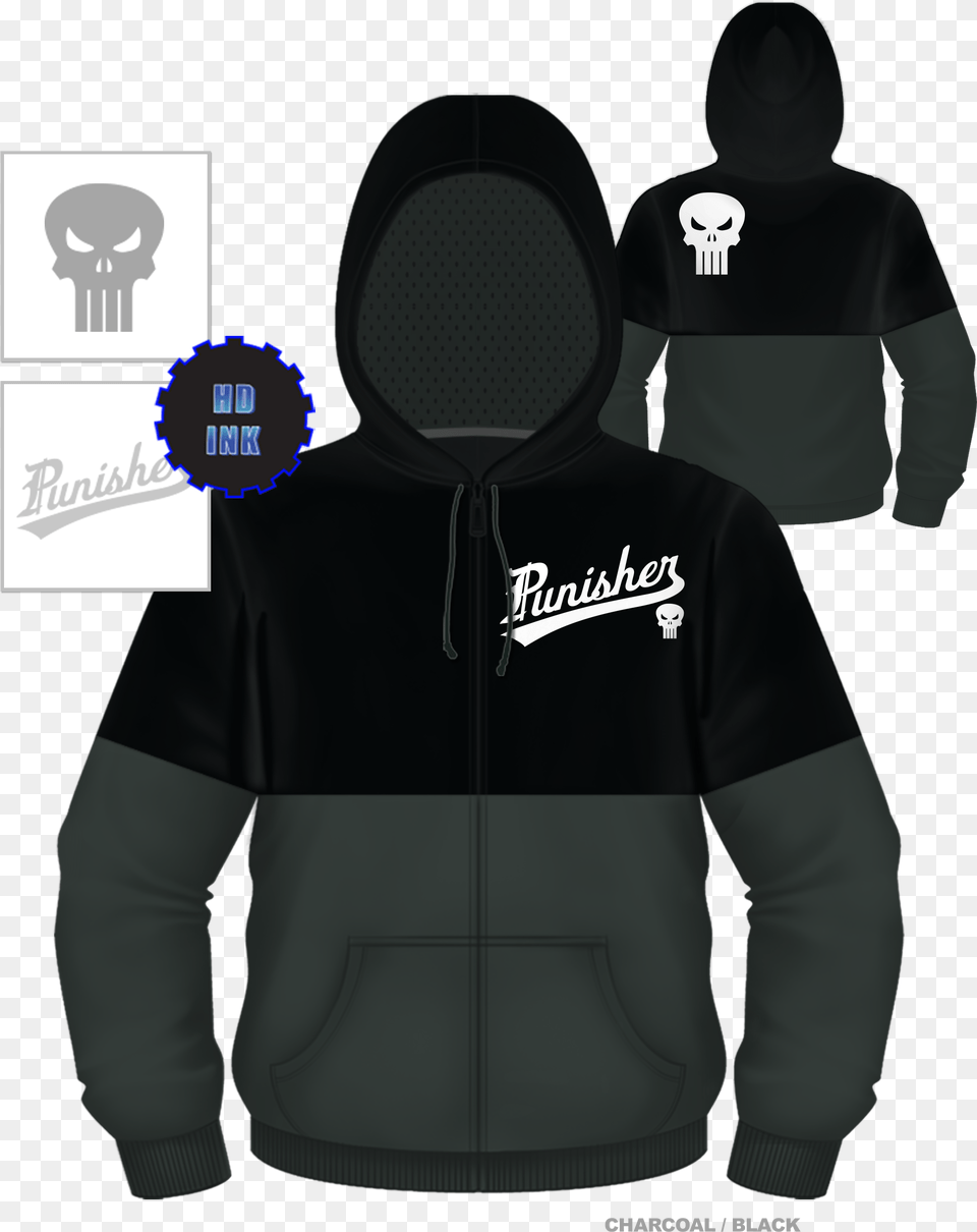 Marvel All Hail The Punisher Skull Zip Up Sweatshirt Empire Strikes Back Hoodie, Clothing, Hood, Knitwear, Sweater Png Image