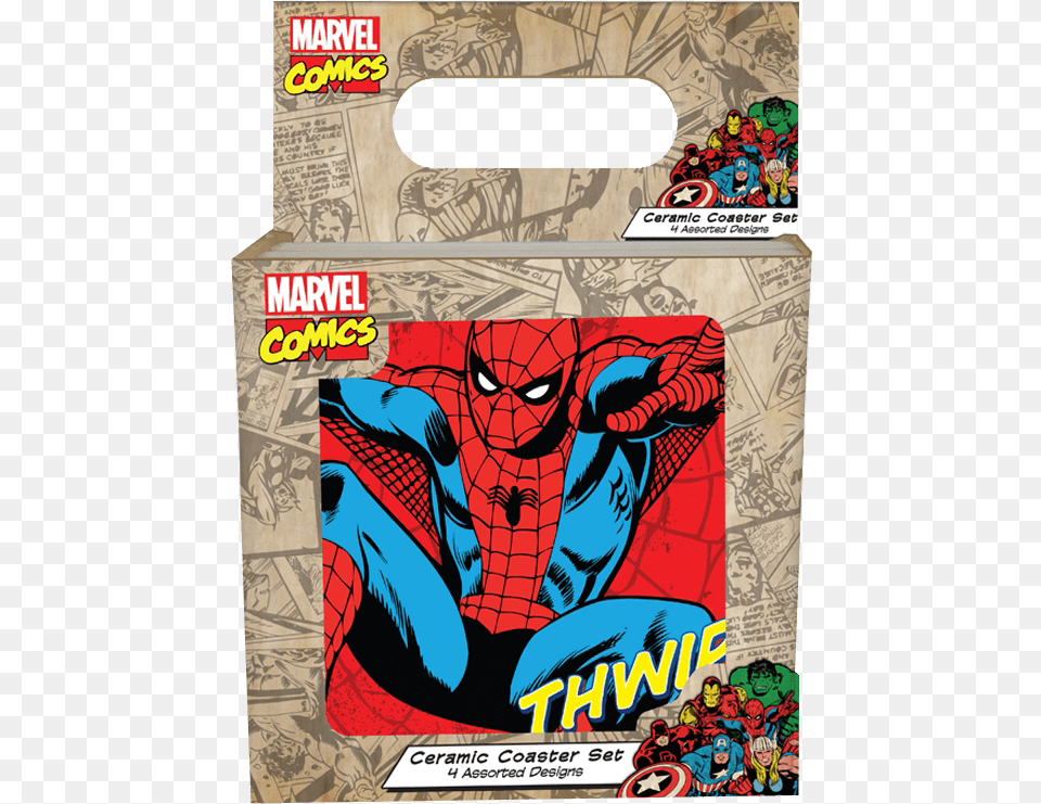 Marvel Comics 4 Piece Ceramic Coaster Set Spider Man, Person, Book, Publication, Batman Png Image