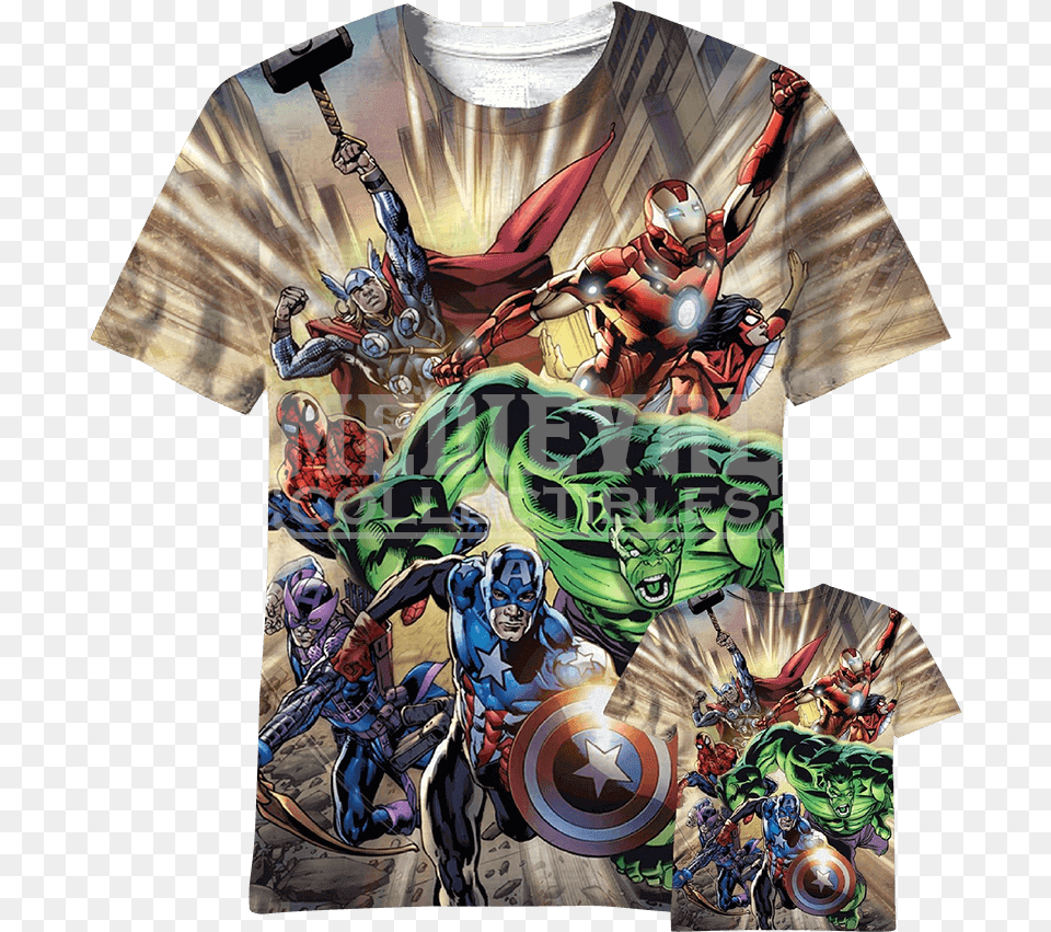 Marvel Heroes In Action Wraparound T Shirt, T-shirt, Clothing, Book, Comics Free Transparent Png