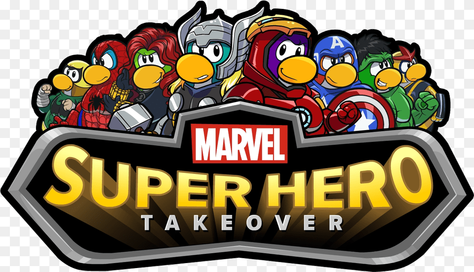 Marvel Super Hero Takeover Party Logo Club Penguin Superhero, Birthday Cake, Cake, Cream, Dessert Free Transparent Png