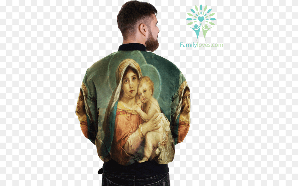Mary And Baby Jesus Over Print Jacket Tag Familyloves Hold A Beast An Angel, Adult, Male, Man, Person Png