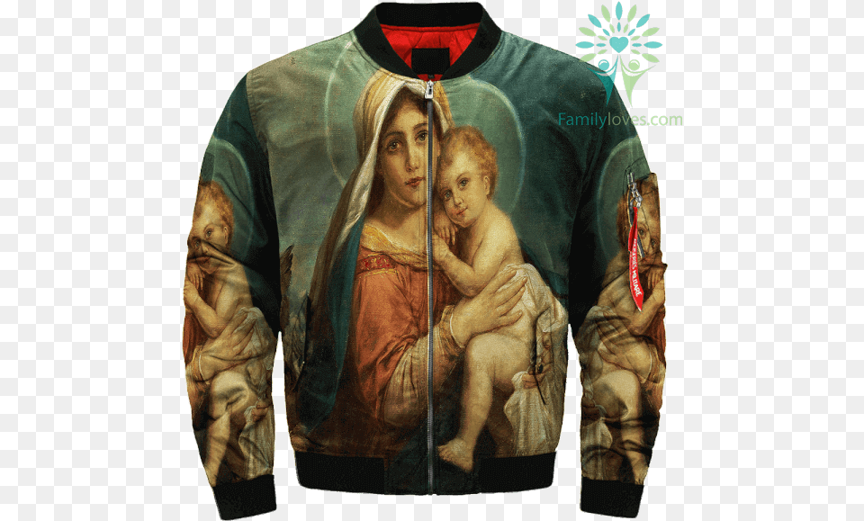 Mary And Baby Jesus Over Print Jacket Tag Familyloves Jacket, Clothing, Coat, Person, Adult Free Transparent Png