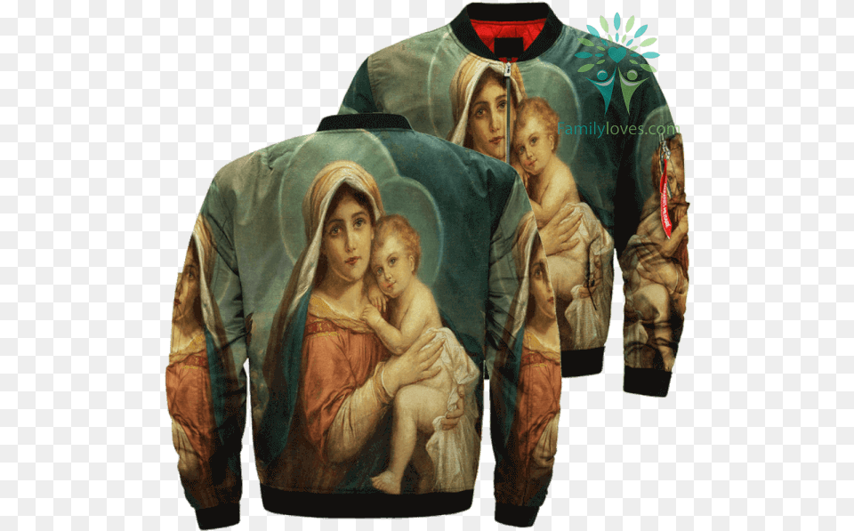 Mary And Baby Jesus Over Print Jacket Tag Familyloves Jesus Jacket, Clothing, Coat, Hood, Knitwear Free Png