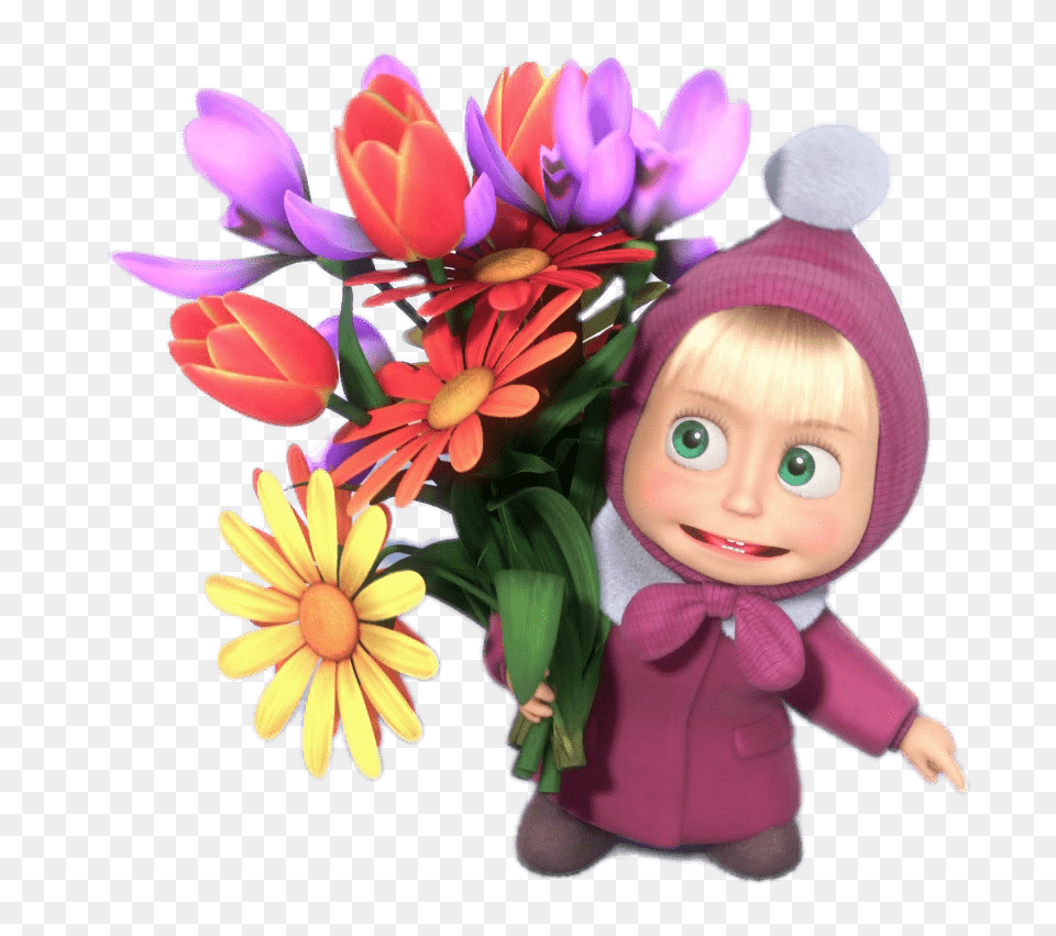 Masha Holding Bunch Of Flowers, Flower, Flower Arrangement, Flower Bouquet, Plant Png Image