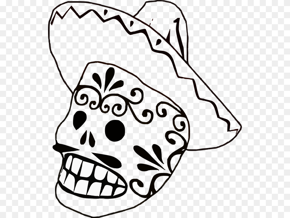 Mask Mexican Sombrero Mustache Grin Mexican Black And White, Clothing, Hat Free Png Download
