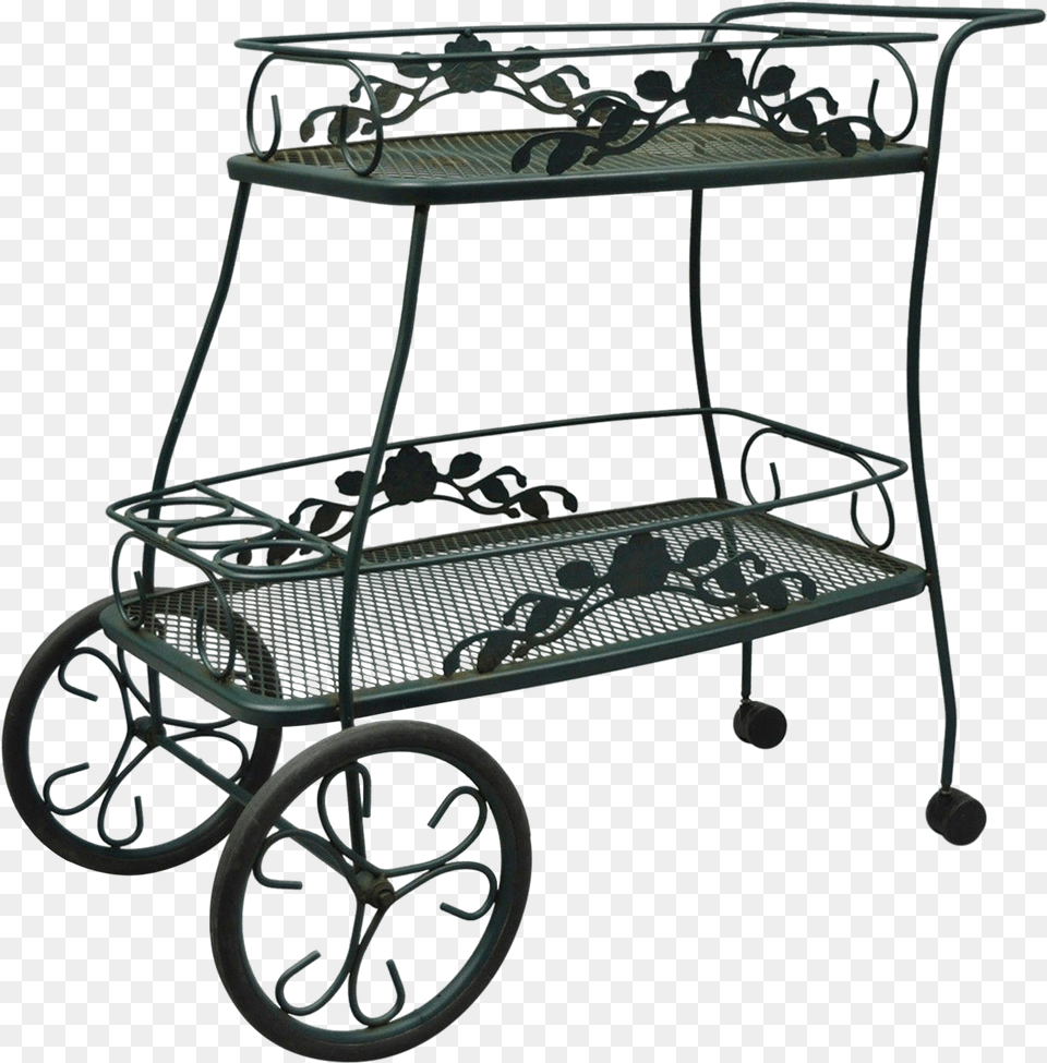 Meadowcraft Dogwood Green Wrought Iron Tea Cart Rolling Victorian Era Tea Cart, Furniture, Bed, Machine, Wheel Png Image