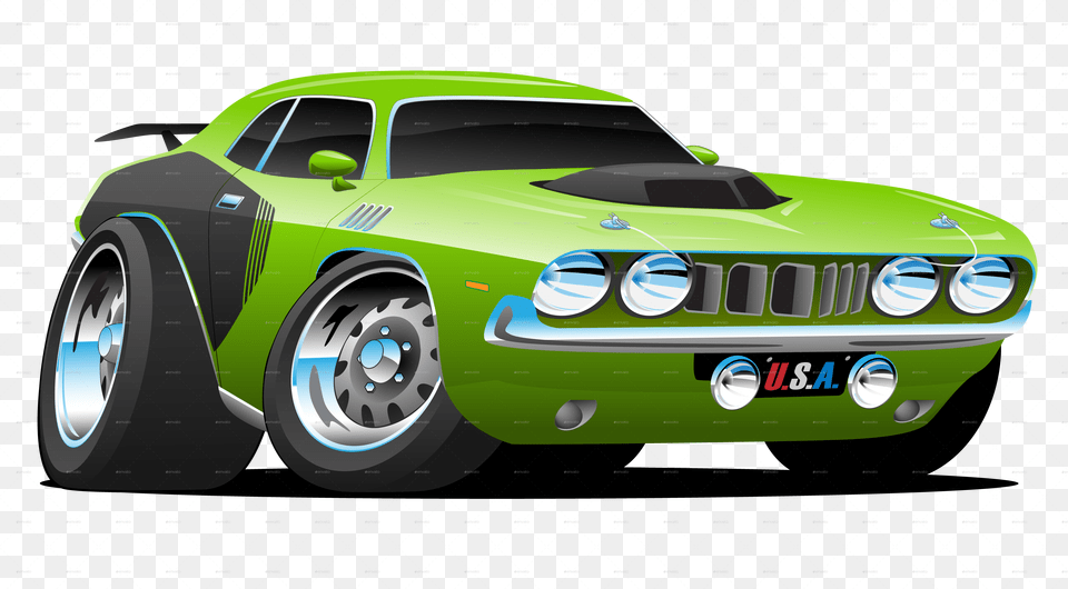 Mean Green Seventies Style Muscle Car Cartoon 1970 Muscle Car Cartoon, Alloy Wheel, Vehicle, Transportation, Tire Free Transparent Png