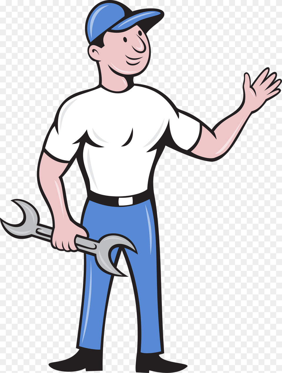 Mechanic Hold Spanner Waving Hand Cartoon Card Mechanic Repairman Clip Art, People, Person, Clothing, Hat Free Png