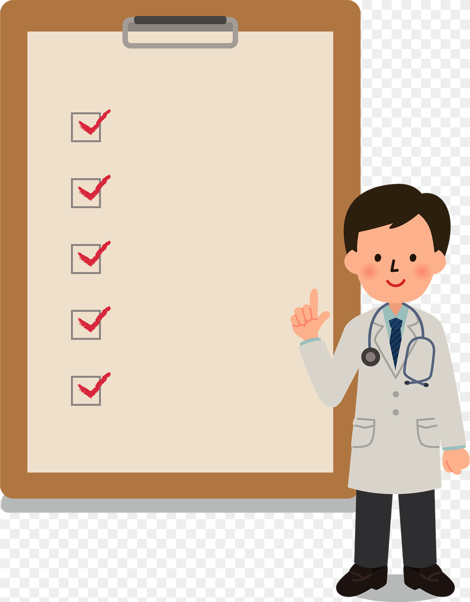 Medical Doctor Man Standing In Front Of A Checklist Clipart, Clothing, Coat, Boy, Child Png Image