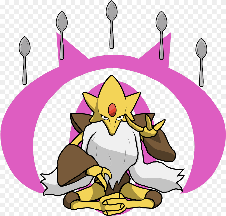 Mega Alakazam Lifts Some Spoons For Your Entertainment Alakazam Mega, Cutlery, Spoon, Purple, Book Png Image