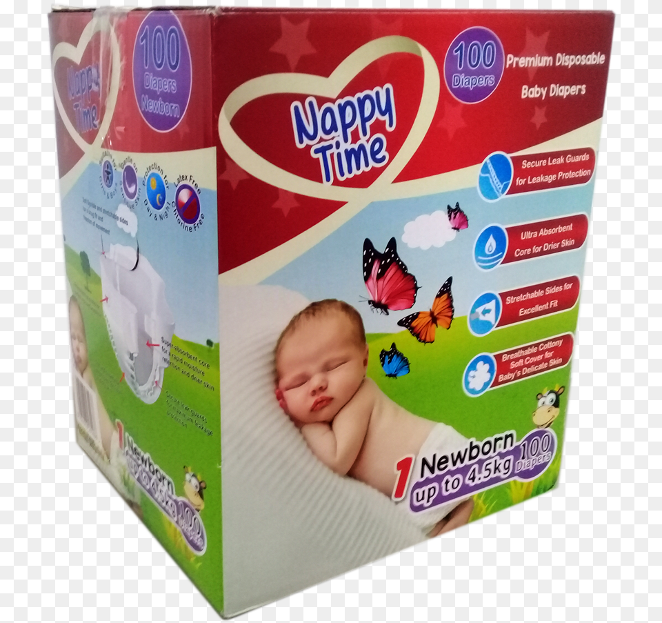Mega Nappytime Newborn Kg 100 Pieces Diaper, Baby, Person, Box, Face Free Png Download