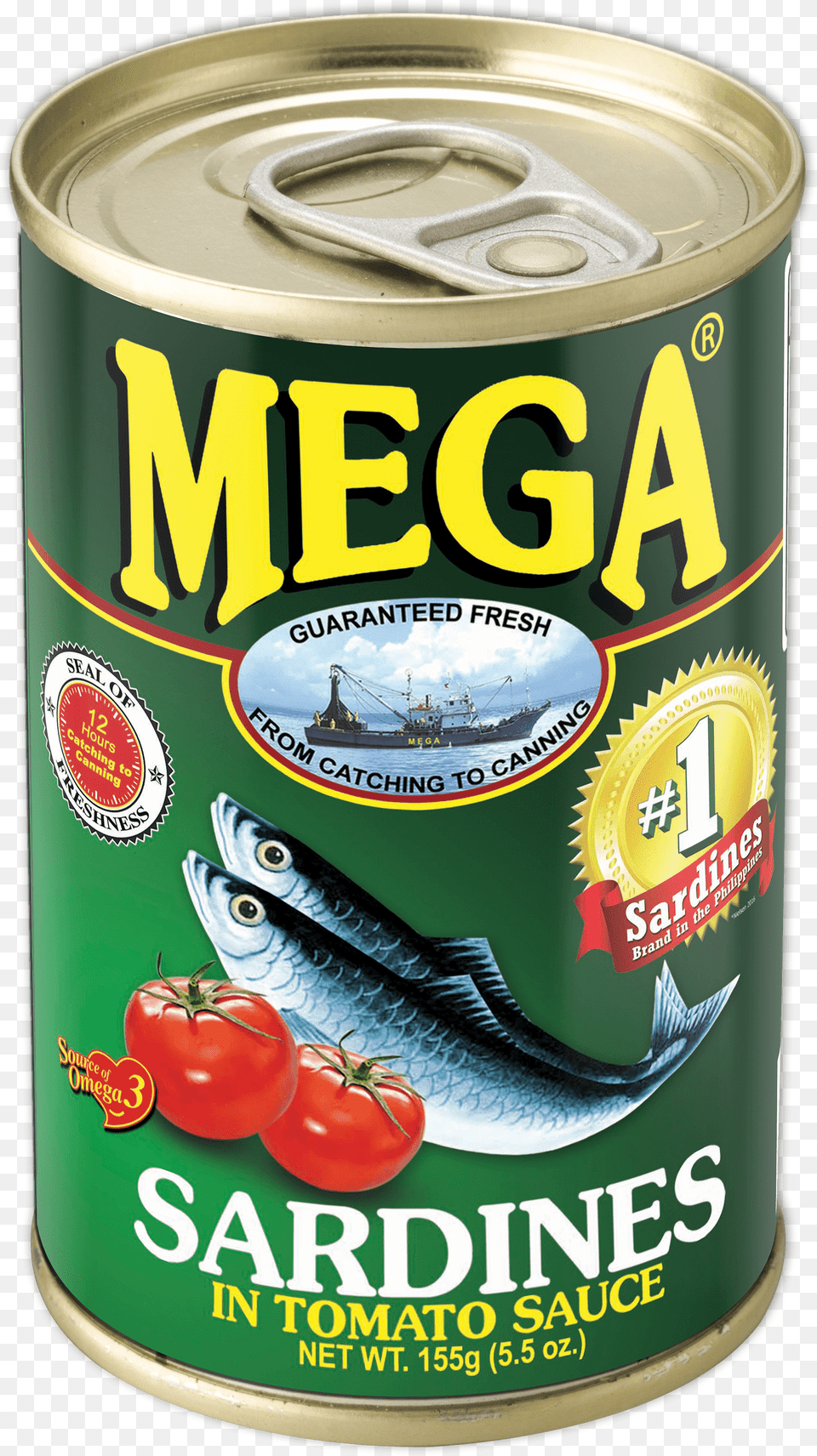 Mega Sardines In Tomato Sauce 155g Mega Sardines In Tomato Sauce 55 Oz Can, Aluminium, Tin, Canned Goods, Food Png Image