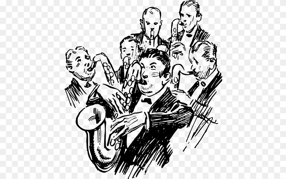 Men Playing Saxophones Saxophone Group Clipart, Gray Png